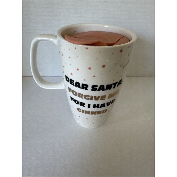 Frankie Grey Dear Santa Forgive Me For I Have Ginned Mug W/Lid Pink Wht Gold 6" - Picture 3 of 7
